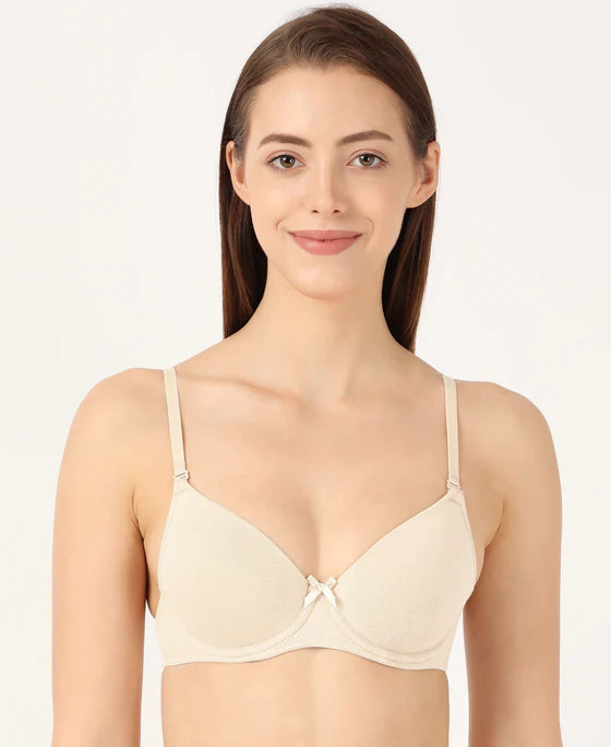 Under-Wired Padded Super Combed Cotton Elastane Stretch Medium Coverage T-Shirt Bra with Detachable Straps - B